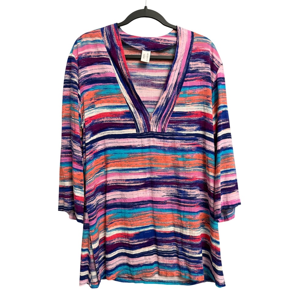 Liz Claiborne Rayon Tunic Top Large Abstract Stripe V-Neck 3/4 Sleeve Artsy Boho